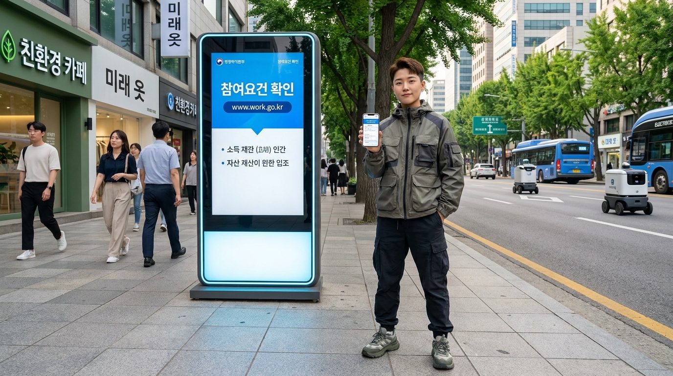 도시 배경에서 국민취업지원제도 참여요건을 확인하는 젊은 직장인의 모습