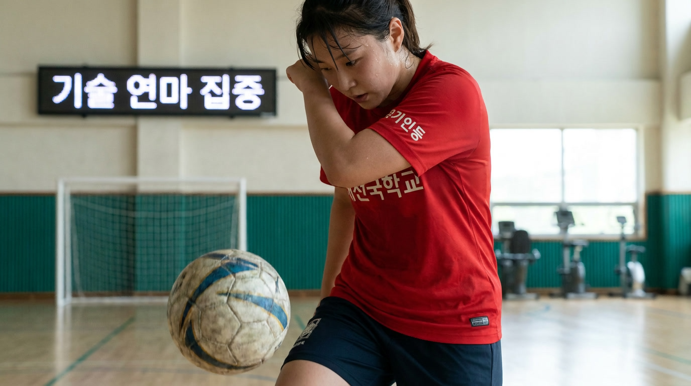 풋살 경기에서 공을 집중해서 다루는 젊은 여성 선수의 클로즈업