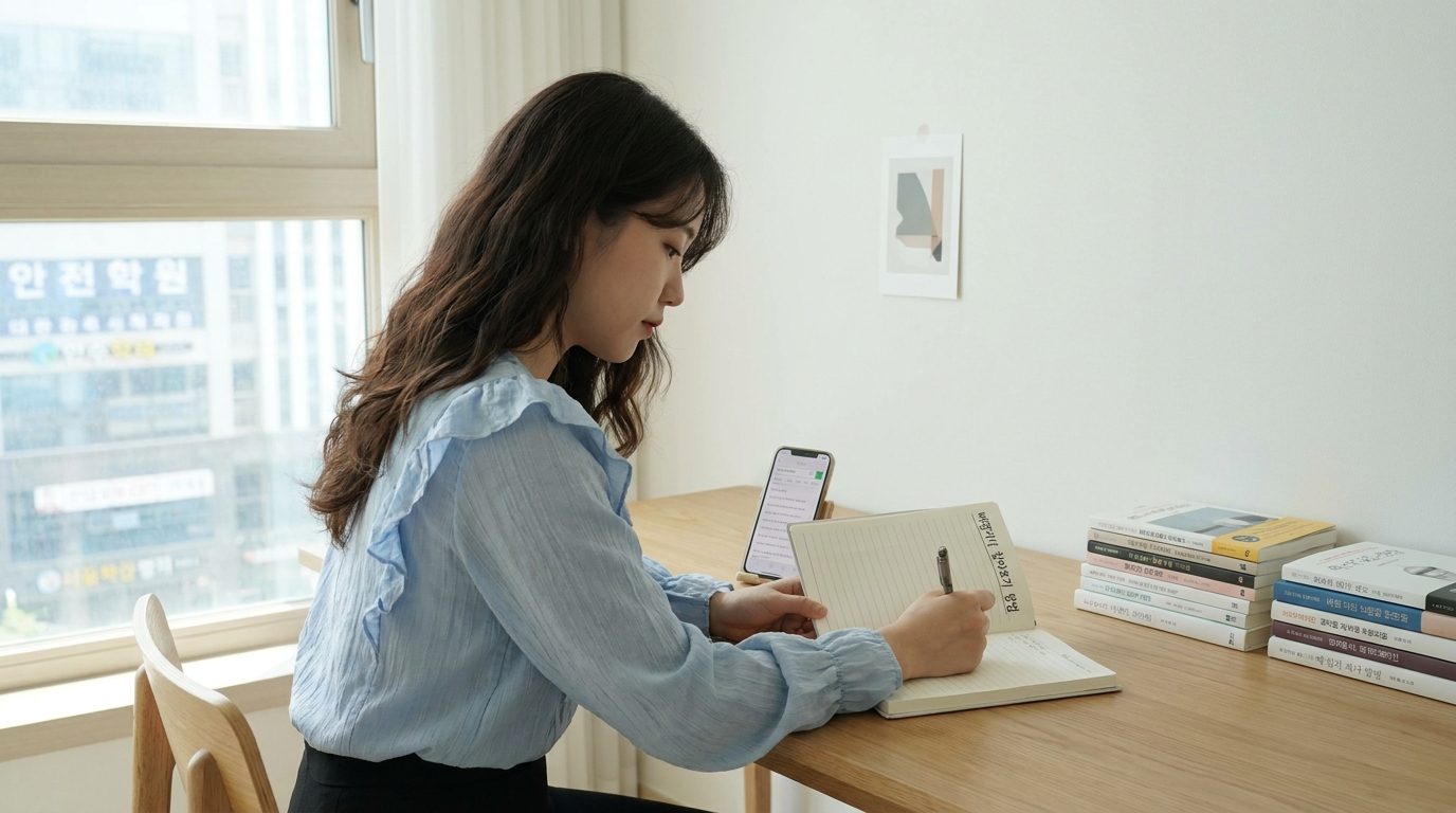 배경지식 찾는 방법을 적으며 공부하는 한국 여성의 모습