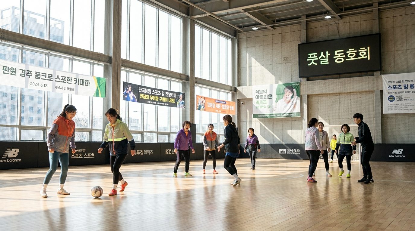 풋살 동호회에서 다양한 실력의 여성 선수들이 함께 경기를 하는 모습