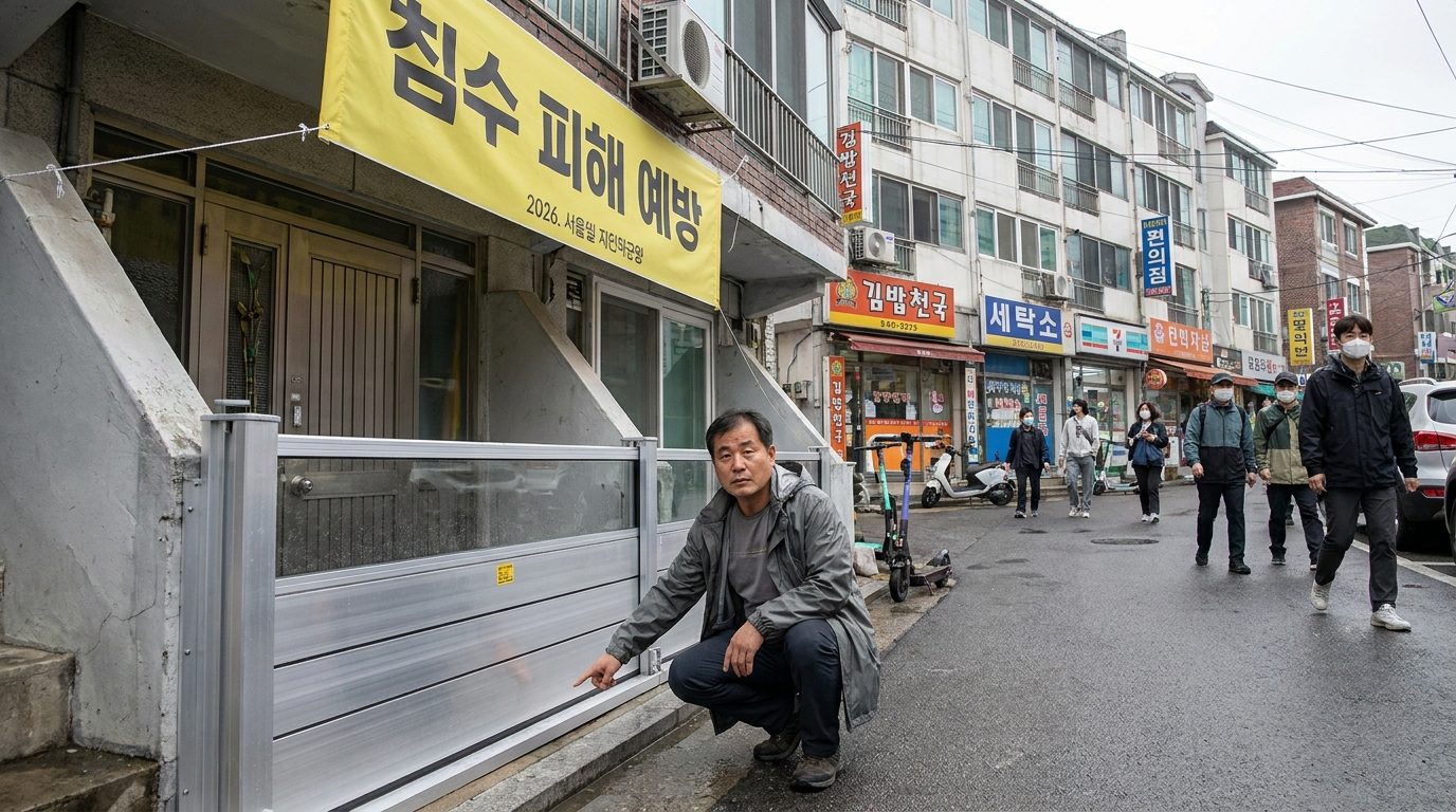 반지하 침수 피해 예방 시설을 점검하는 한국 중년 남성의 실사 이미지