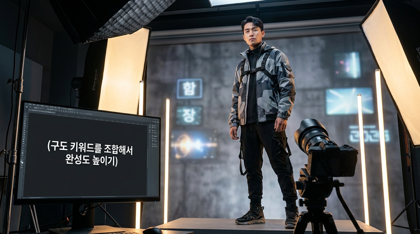 카메라 렌즈 효과와 로우 앵글 샷을 결합한 스튜디오 프로페셔널 촬영, 한국 남성 모델 중심 이미지