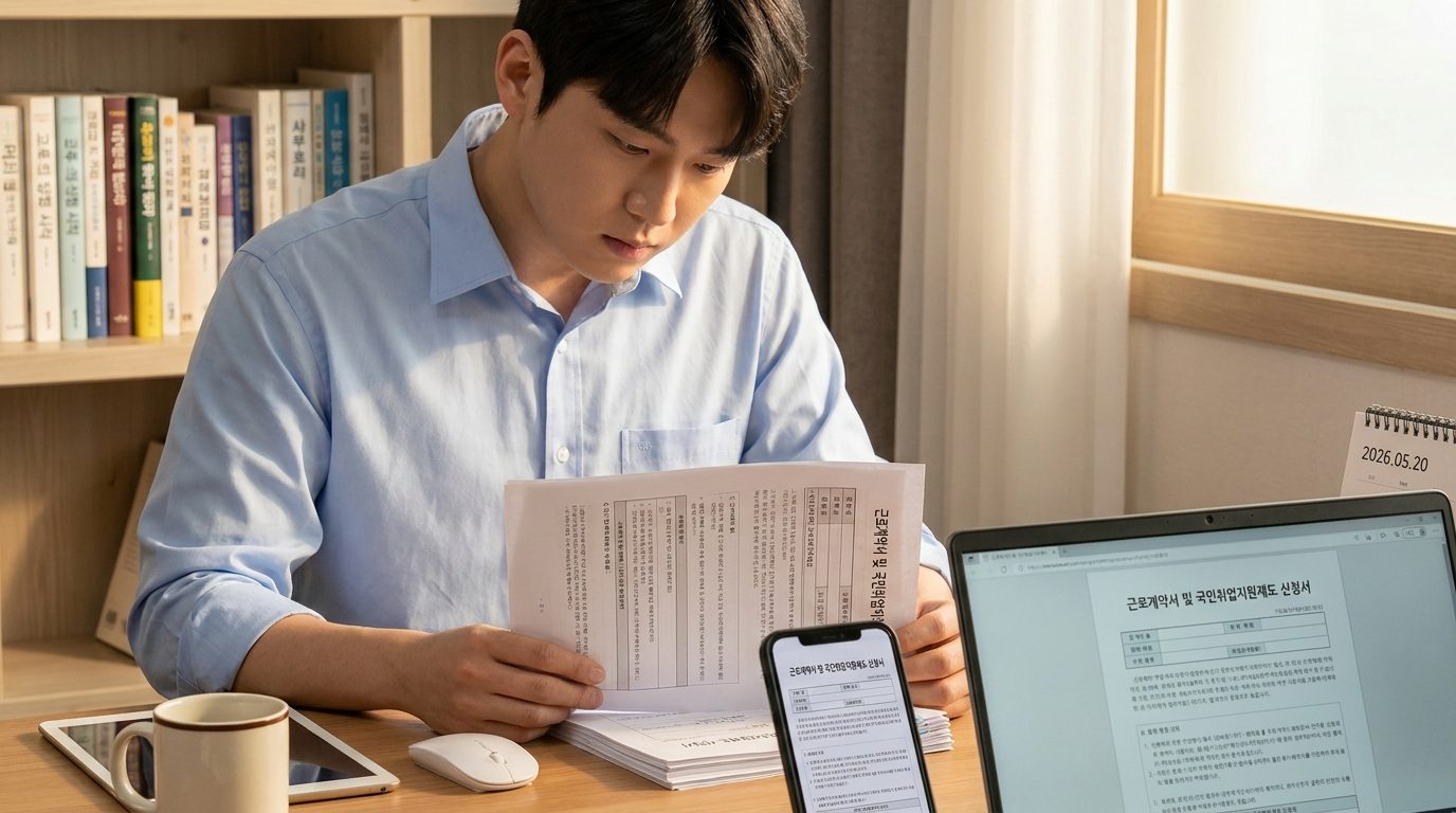 근로계약서와 국민취업지원제도 신청서를 꼼꼼히 확인하는 젊은 한국 직장인