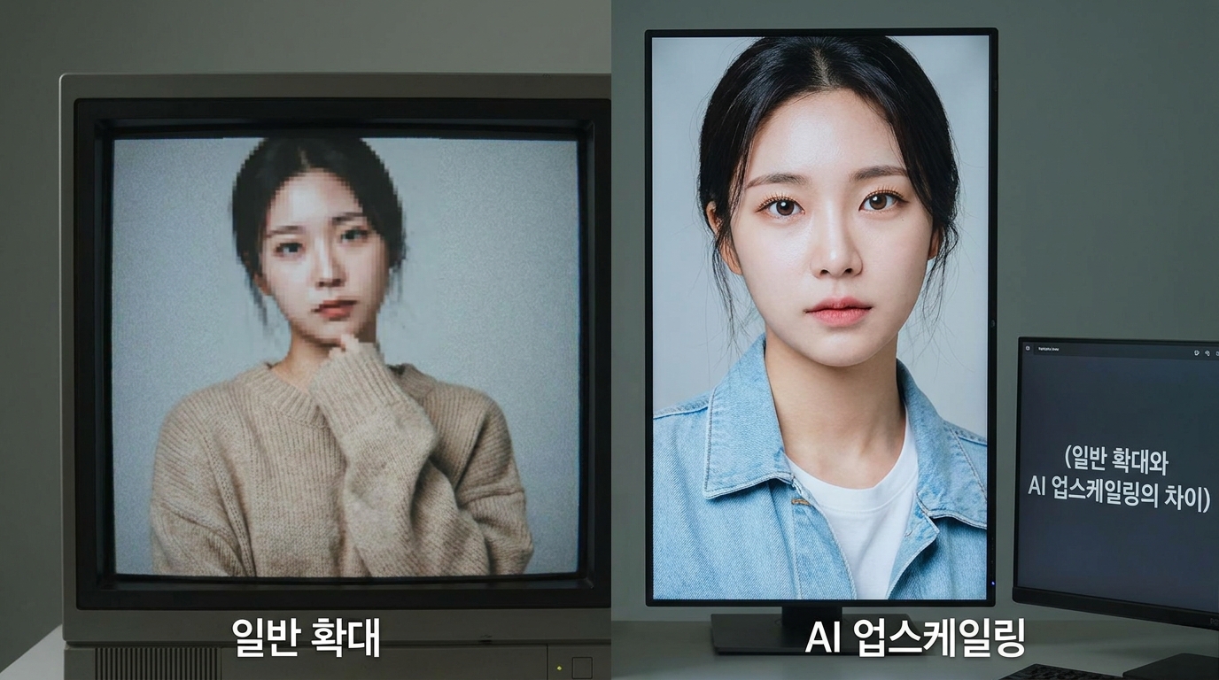 일반 확대와 AI 업스케일링 후 선명도 차이를 보여주는 비교 이미지