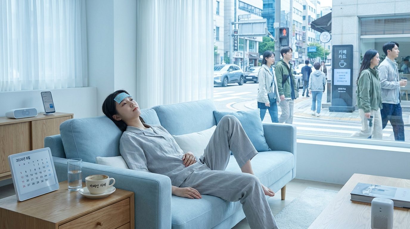 더위와 카페인으로 인한 심계항진 증상 후 시원한 에어컨 방에서 휴식을 취하는 젊은 한국 여성