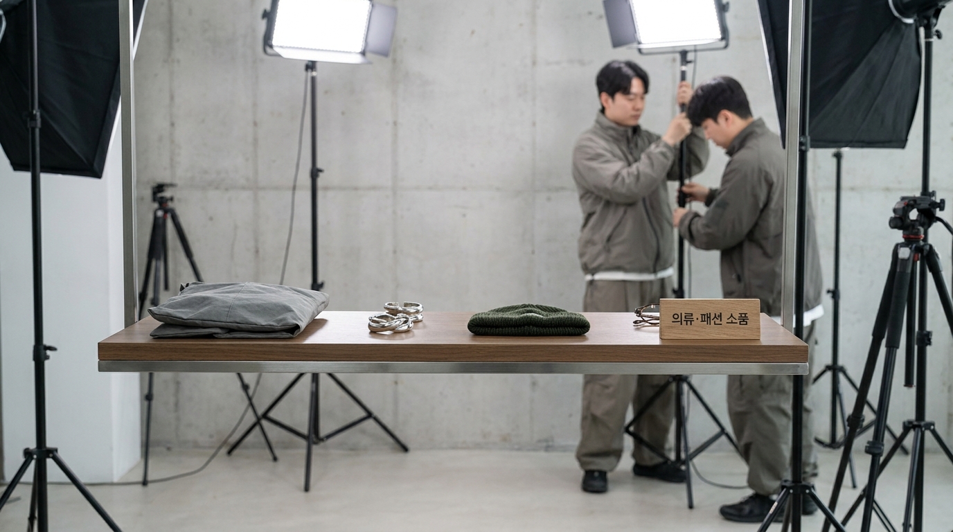 콘크리트 벽을 배경으로 한 한국 의류 및 패션 소품 이미지
