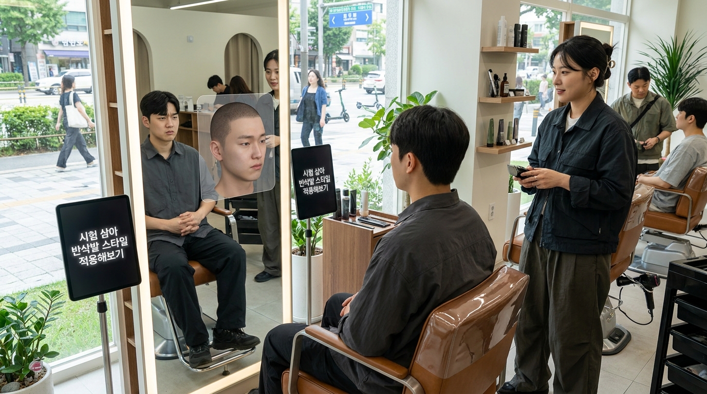 현대 미용실 의자에 앉아 머리 스타일 변화를 거울로 확인하는 젊은 한국 남성