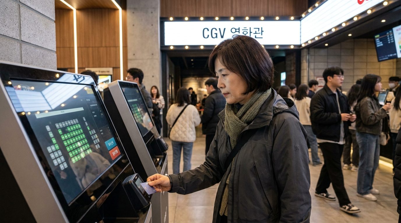 결제 카드 인식을 위해 카드를 태그하는 중년 한국 여성과 좌석 선택 화면