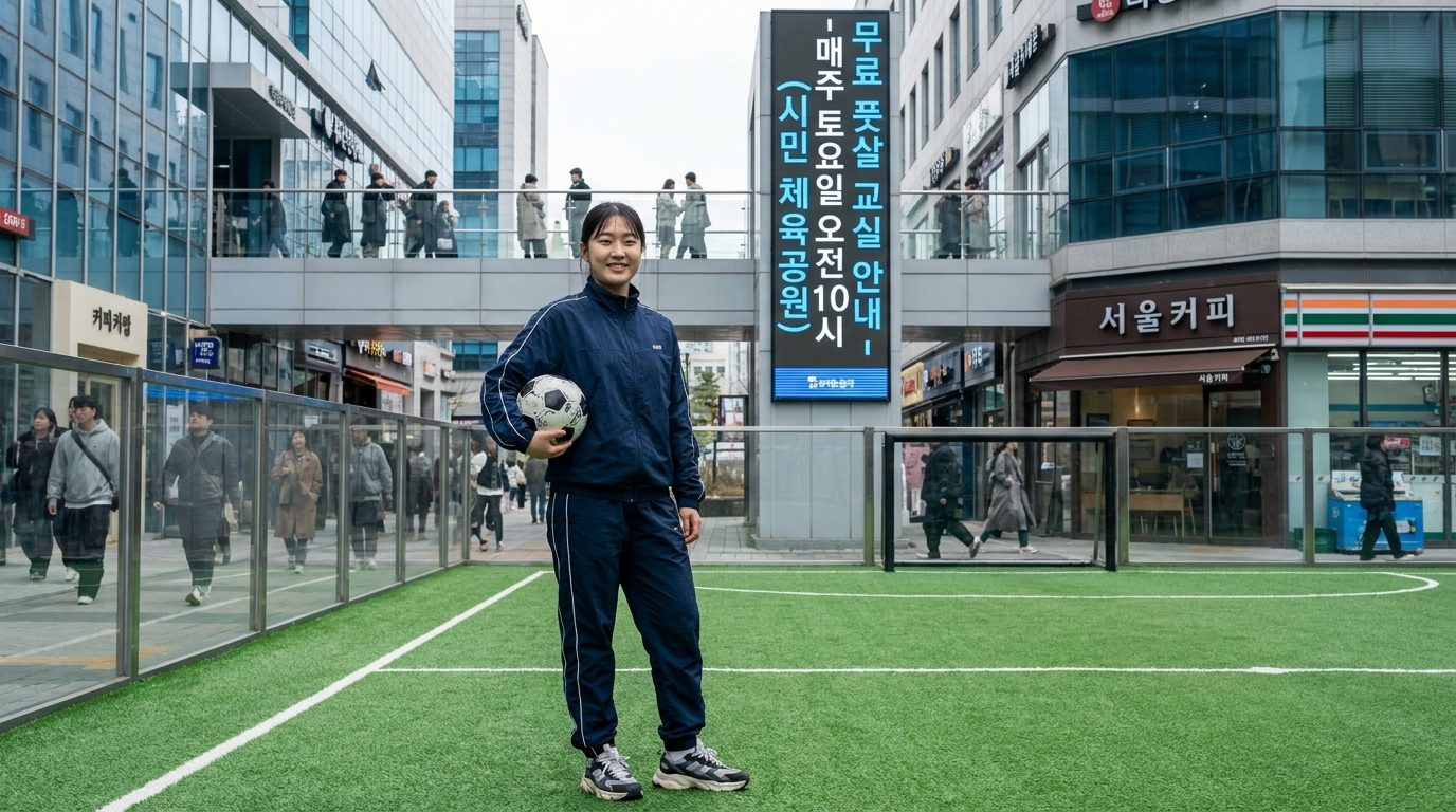 현대적인 도시 풋살 코트에서 공을 들고 자신있게 서 있는 젊은 한국 여성의 모습