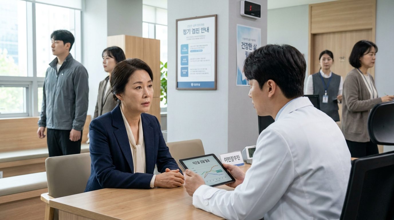 현대적인 한국 의료 클리닉에서 의사와 상담 중인 중년 한국인 여성의 모습