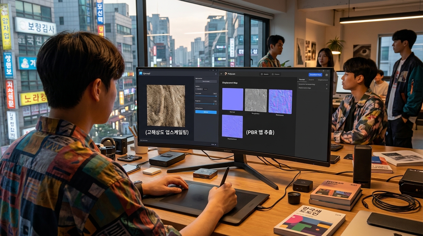 AI 생성 텍스처의 후처리 작업을 하는 현대 3D 디자이너 작업 공간