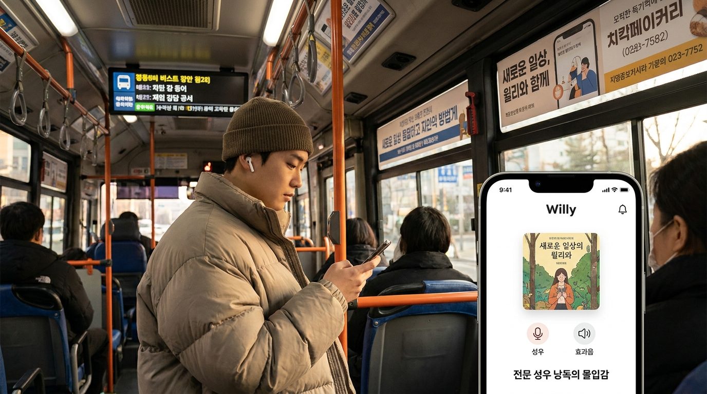버스 안에서 윌라 앱을 사용해 오디오북을 듣는 한국인 이용자의 사진