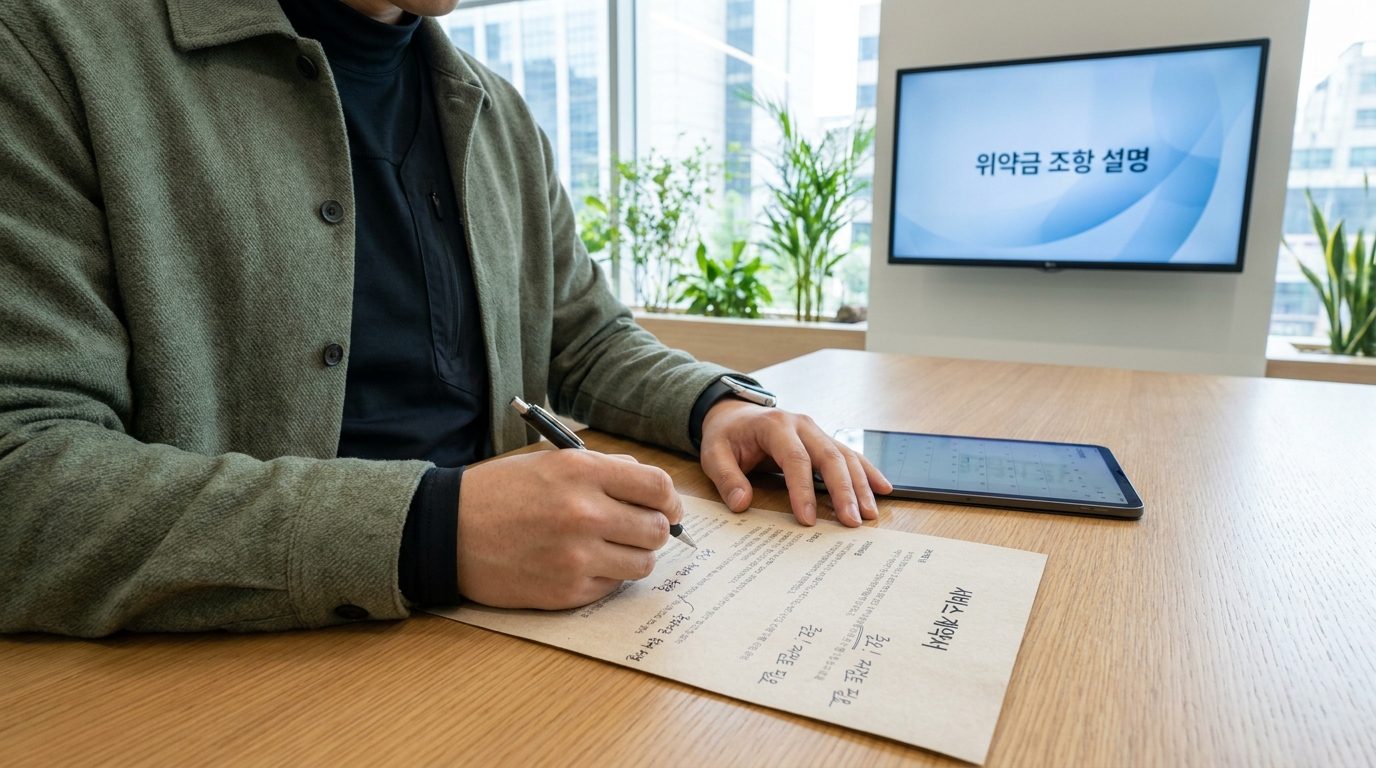 한국인 사무실에서 계약서 위약금 조항을 검토하는 모습