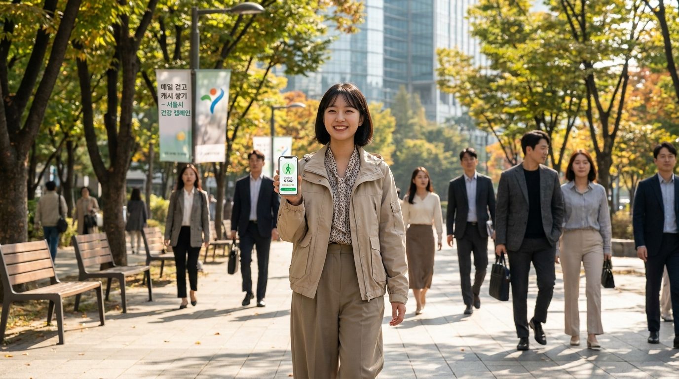 캐시워크 사용법: 도심 공원에서 스마트폰에 걸음 수 앱을 보며 걷는 한국 여성이 밝게 웃고 있는 모습의 고화질 실사 사진