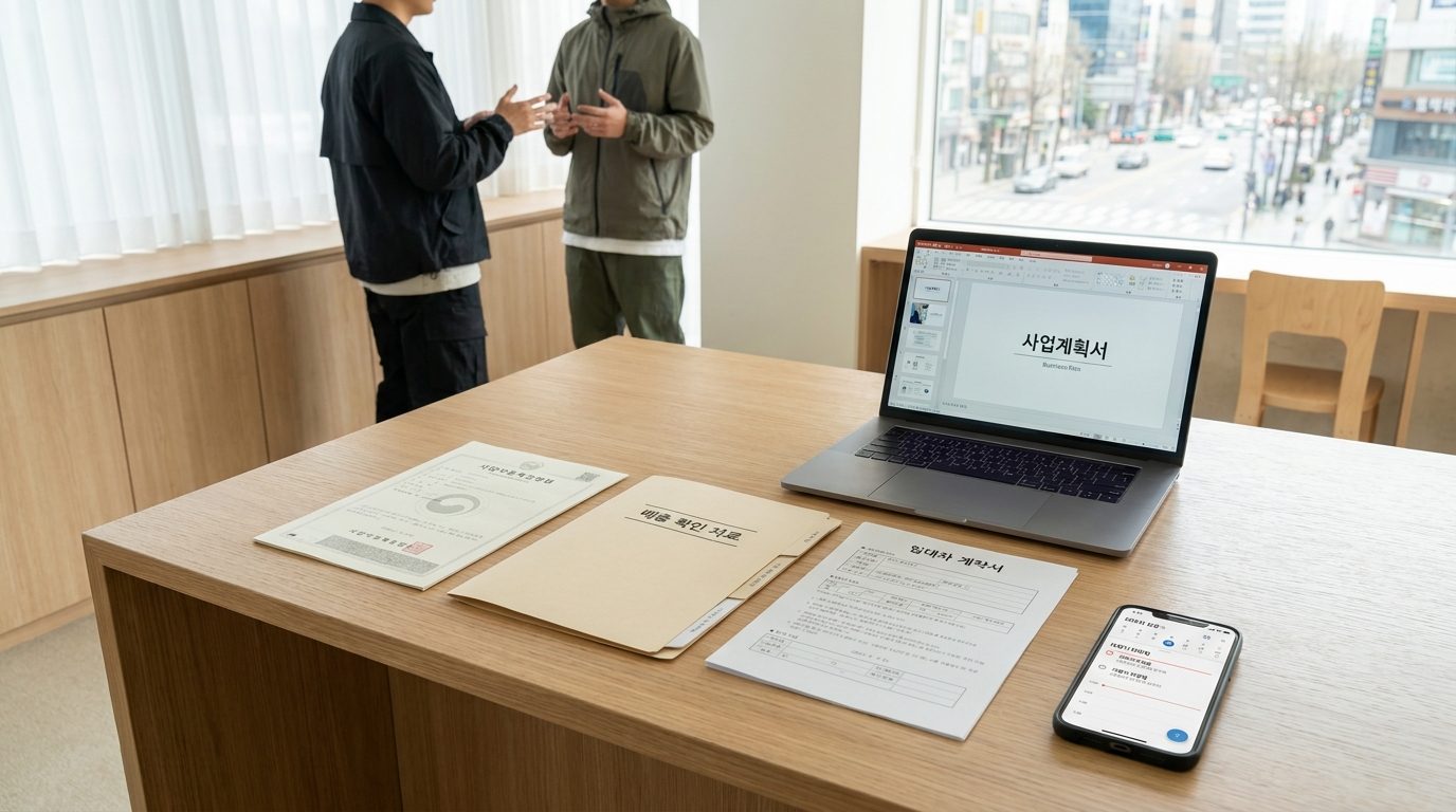 초기창업 지원금 신청을 위한 서류와 사업계획서가 정리된 책상 위 작업 공간 클로즈업.