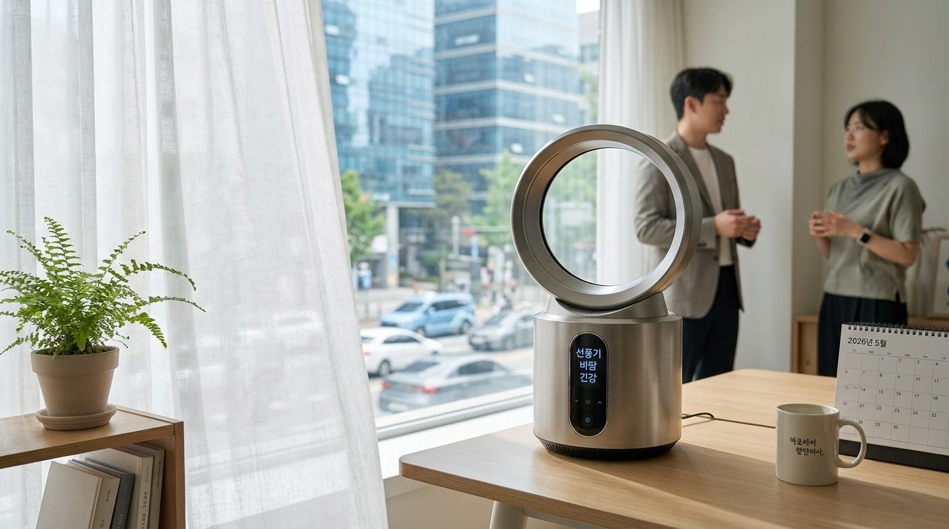 선풍기 사용법, 2026년 대한민국의 현대적인 실내 환경에서 선풍기와 그 바람이 부는 장면의 클로즈업 이미지