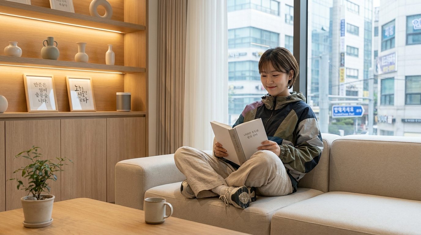 편안하고 정돈된 현대적인 거실에서 캐주얼한 옷을 입은 젊은 한국 여성의 모습, 자연광이 들어오는 미니멀리즘 책을 들고 평화로운 표정을 짓고 있다.