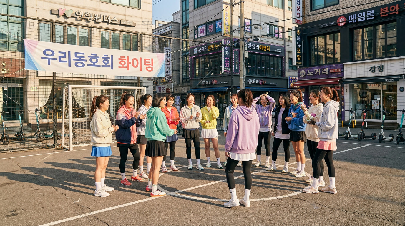 도시 환경에서 풋살 동호회 여성 회원들이 편안하게 대화하며 경기 전 준비하는 모습