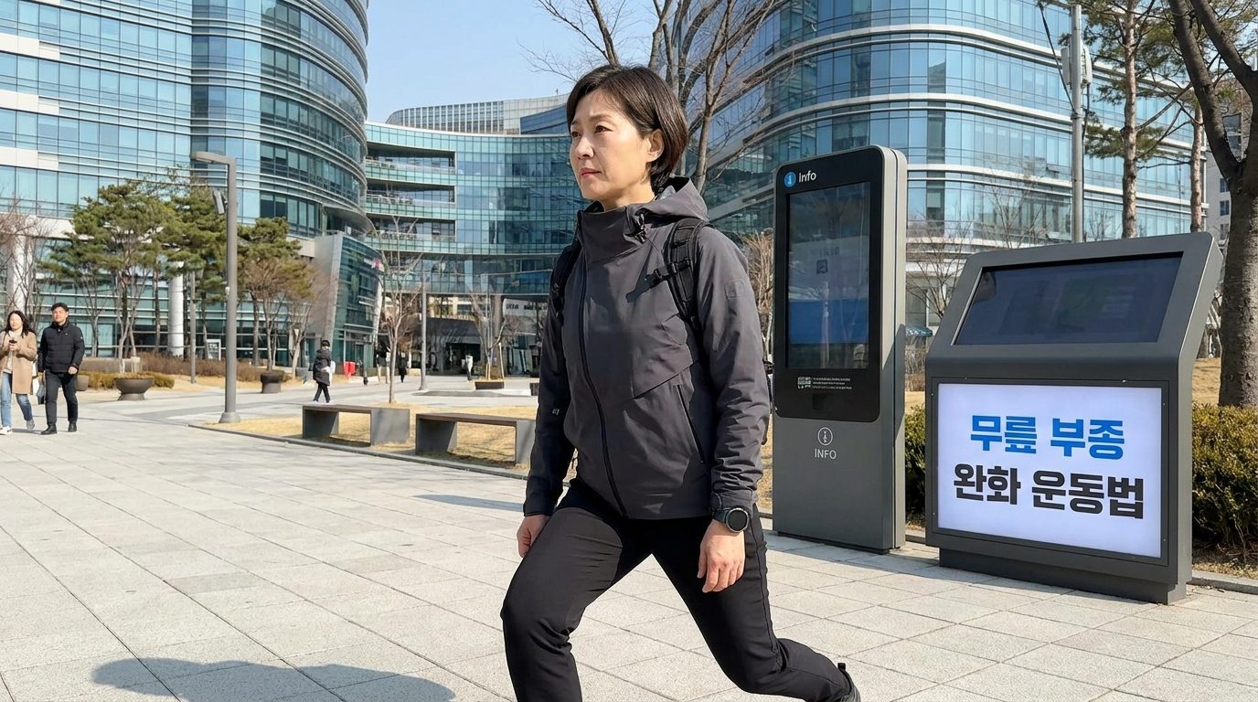 현대적인 한국 도심 공원에서 2026년 패션의 중년 남성이 무릎 스트레칭 운동을 하는 모습