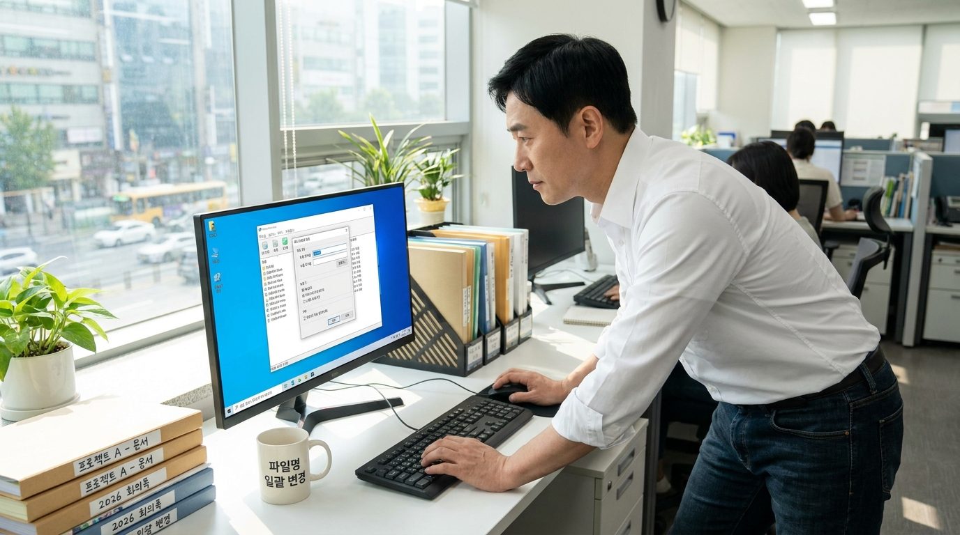 현대적인 한국 사무실에서 파워리네임 기능으로 파일명 일괄 변경을 하는 중년 남성의 모습