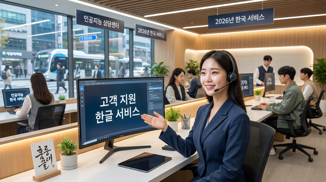 한국어 고객 지원 센터 직원이 친절하게 고객 응대하는 모습의 고화질 실사 이미지