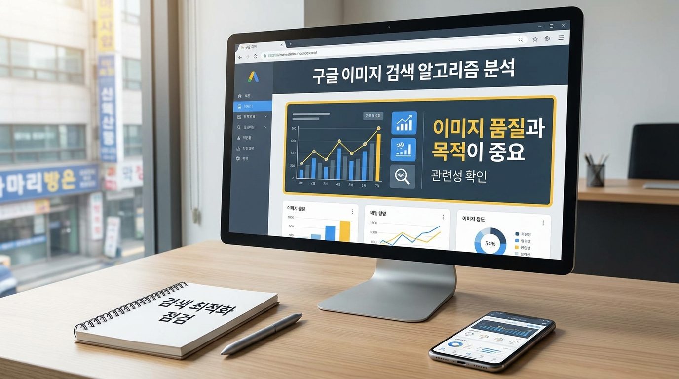 구글 검색 알고리즘이 이미지 품질과 목적을 평가하는 장면을 보여주는 컴퓨터 화면 클로즈업