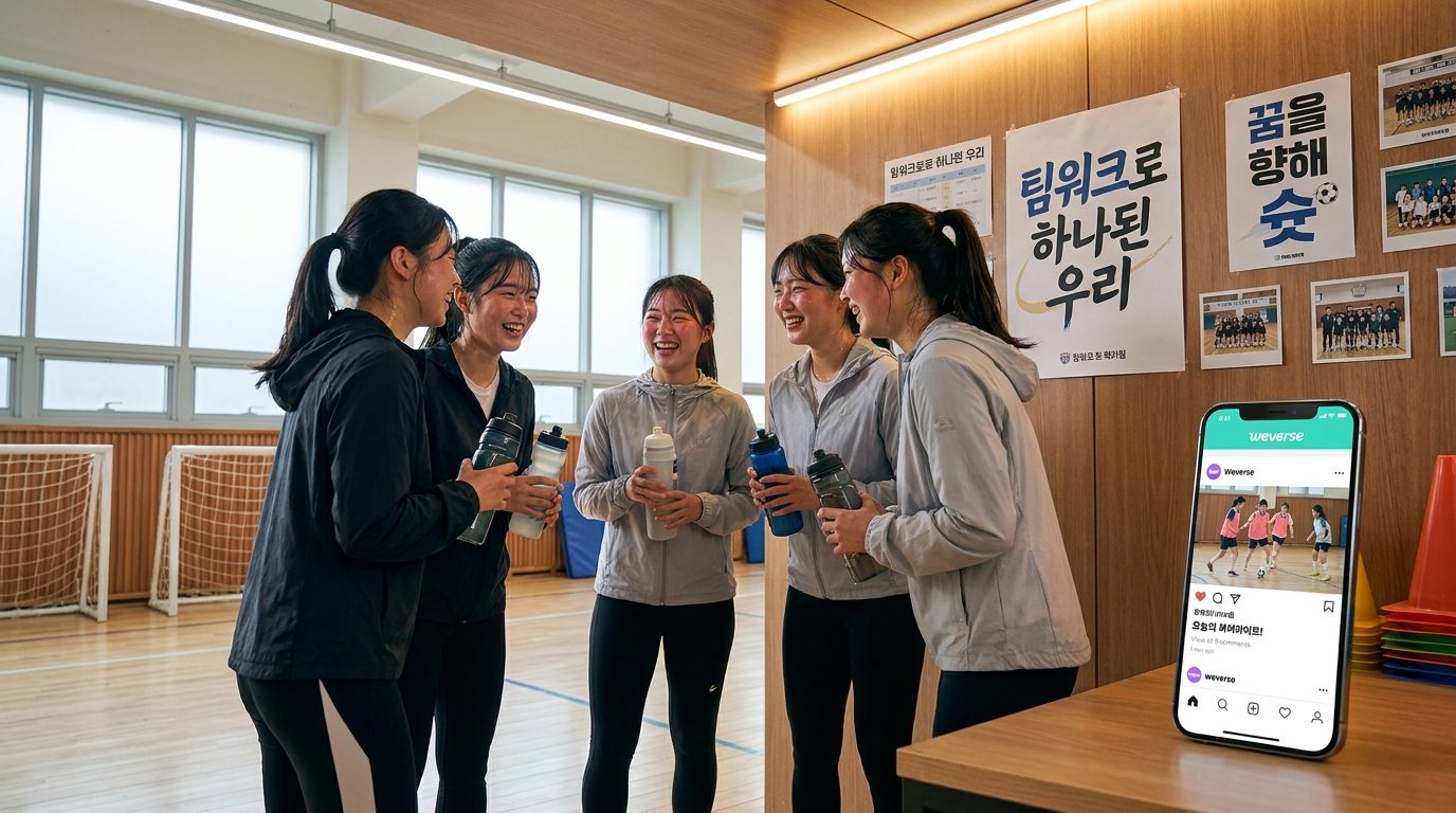 학교 체육관 구석에서 풋살 후 대화하며 활기찬 여학생들