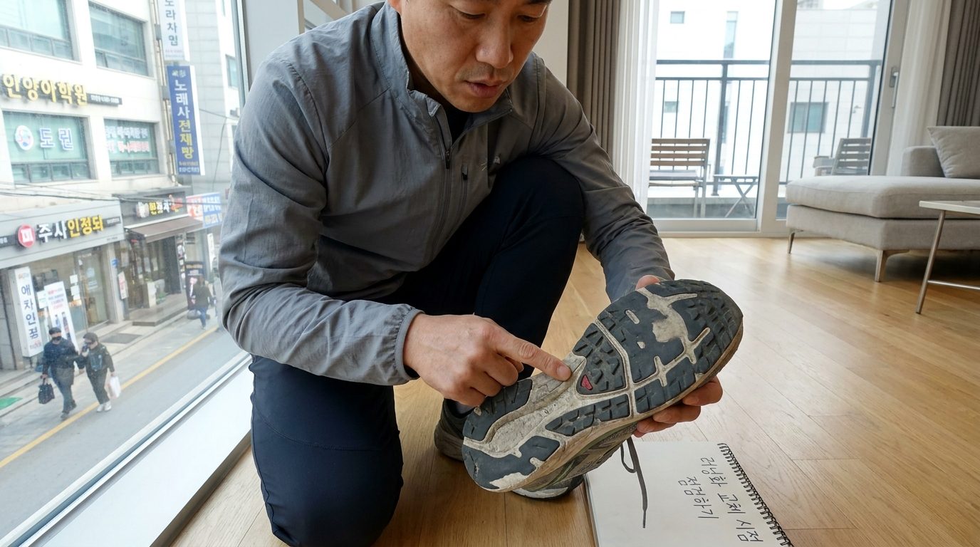 40~50대 한국 러너가 낡은 러닝화의 마모 상태를 확인하는 모습, 자연광이 들어오는 현대적 아파트 실내에서 신발 바닥 디테일에 집중하는 장면