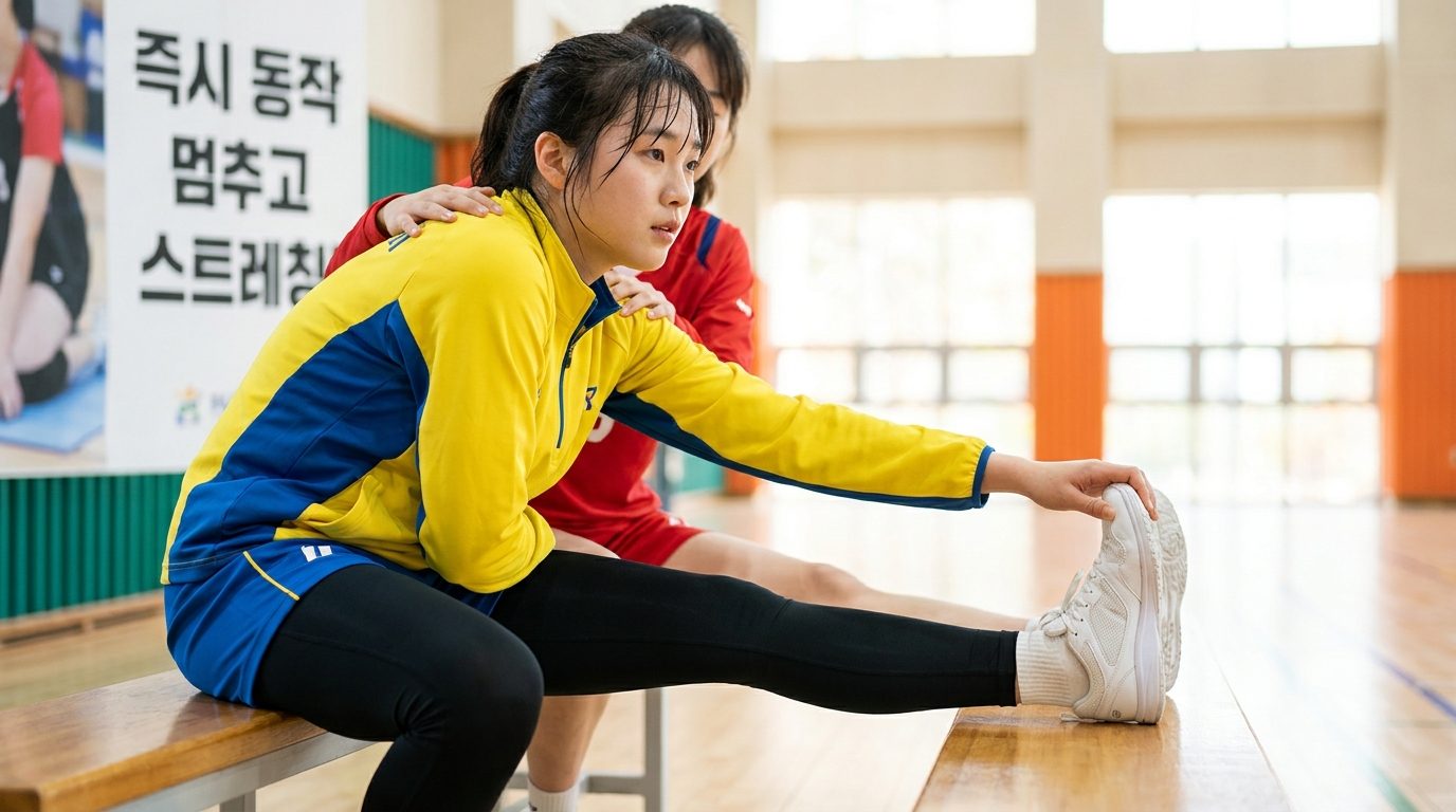 여성 풋살 선수가 경기 중 일시 정지하여 종아리 스트레칭을 하는 모습
