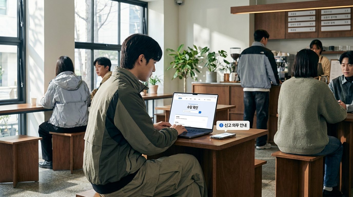 카페에서 노트북으로 고용24 사이트에서 수당 상태를 확인하는 한국 구직자 모습