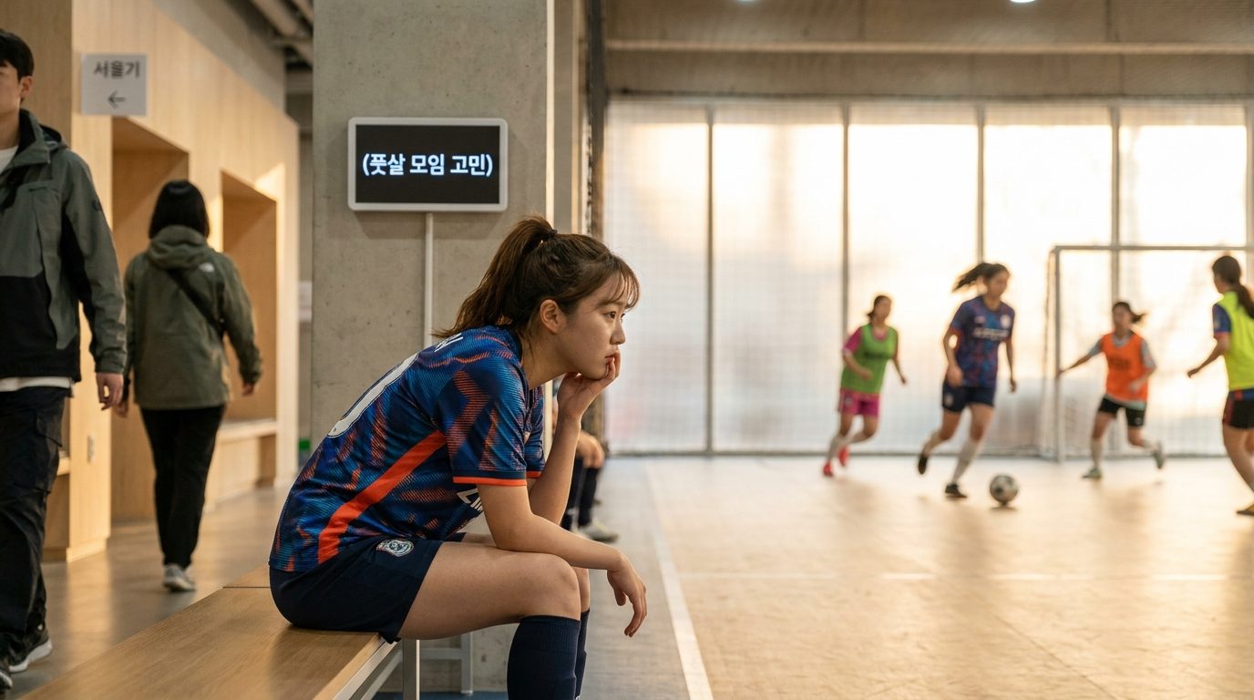 동호회 탈퇴: 풋살 경기장 옆 벤치에 혼자 앉아 고민하는 여성 풋살 선수의 모습