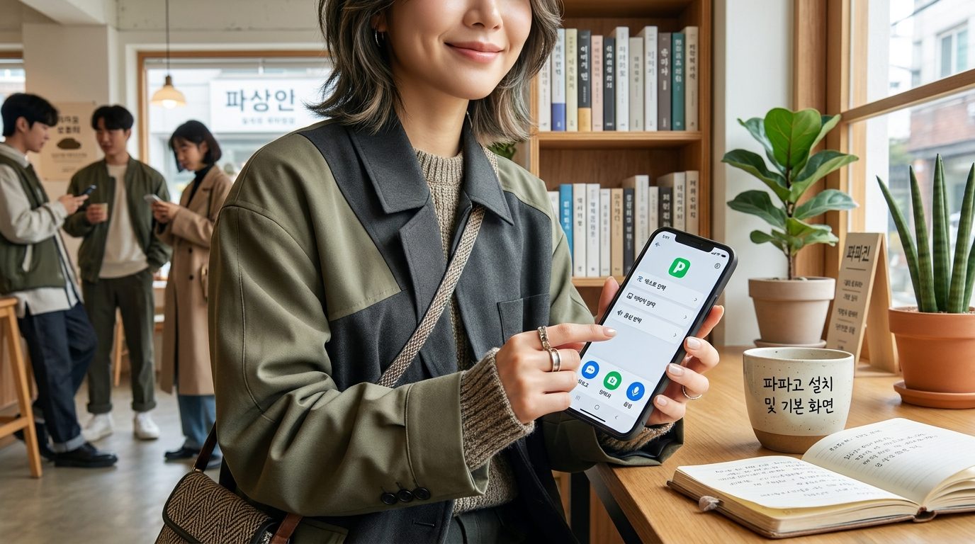 파파고 번역기 사용법: 스마트폰에 파파고 앱 실행 화면을 들고 있는 한국인 남성의 모습, 밝은 실내 자연광 아래에서 현대적이고 편안한 분위기