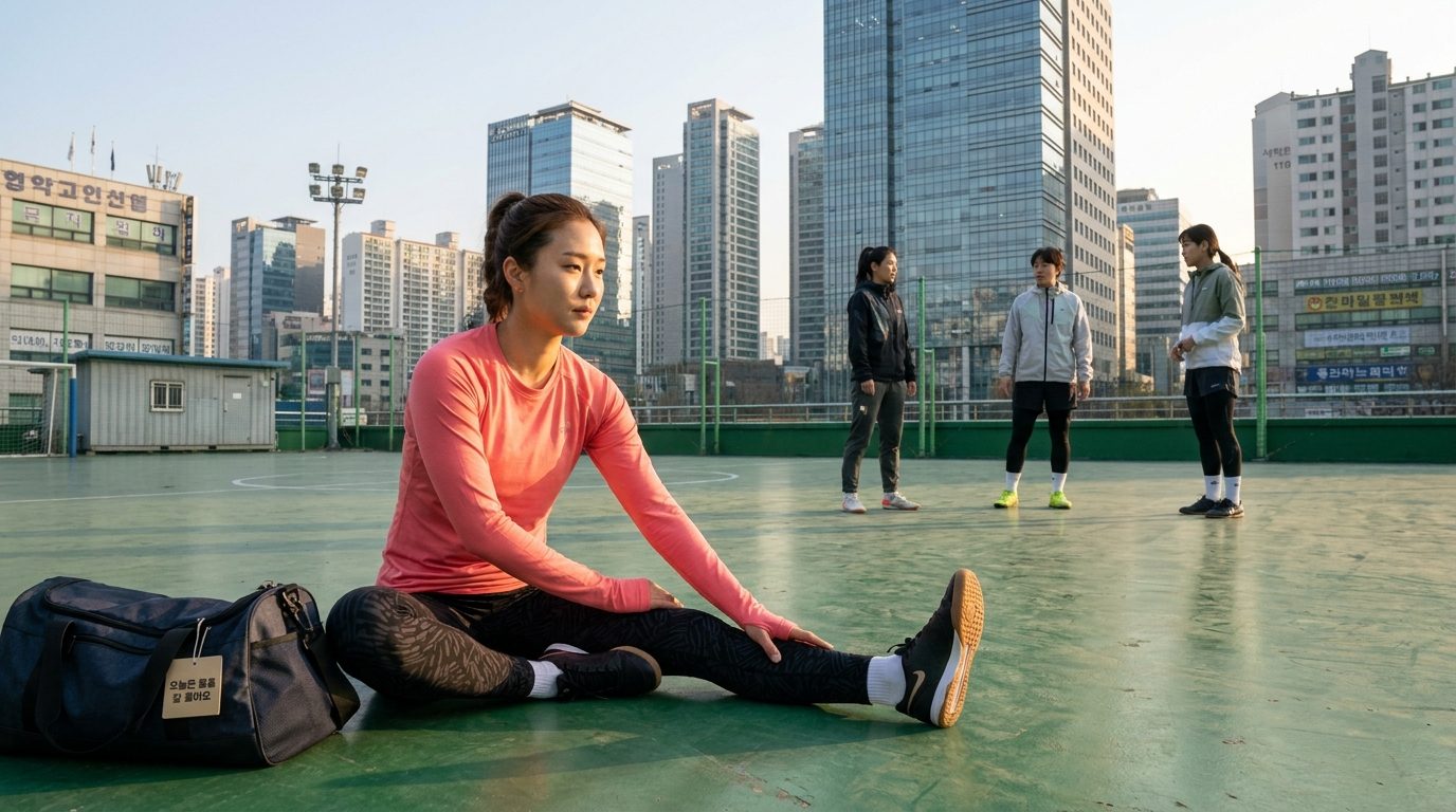 풋살 선수 여성이 야외에서 스트레칭하며 준비운동하는 모습