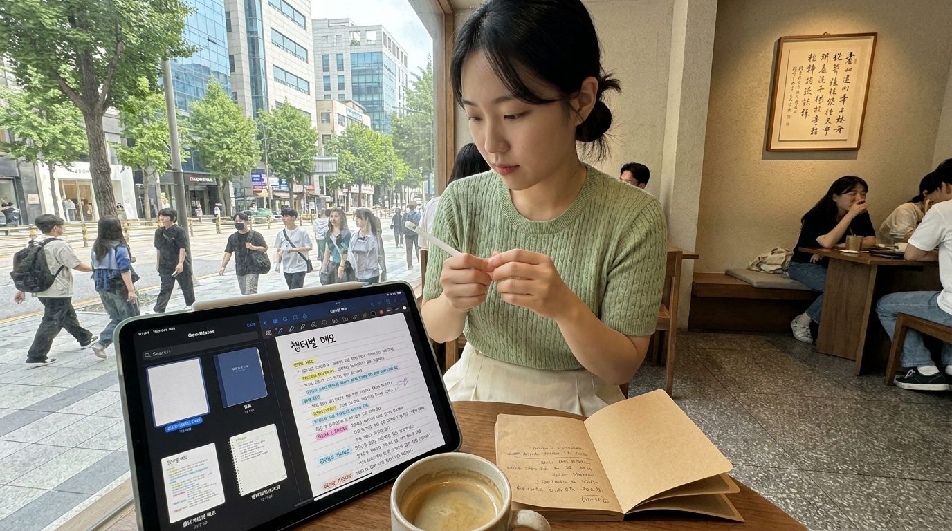 코지한 카페에서 아이패드로 굿노트를 사용해 챕터별 메모를 작성하는 젊은 한국 여성