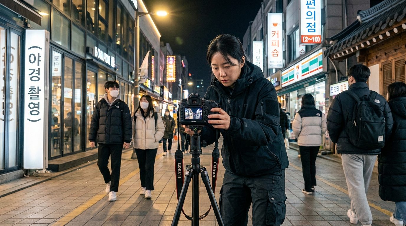 도시 야경을 DSLR 삼각대에 설치해 촬영하는 한국 여성 사진작가의 모습, 밤 거리와 한국어 간판이 보이는 배경