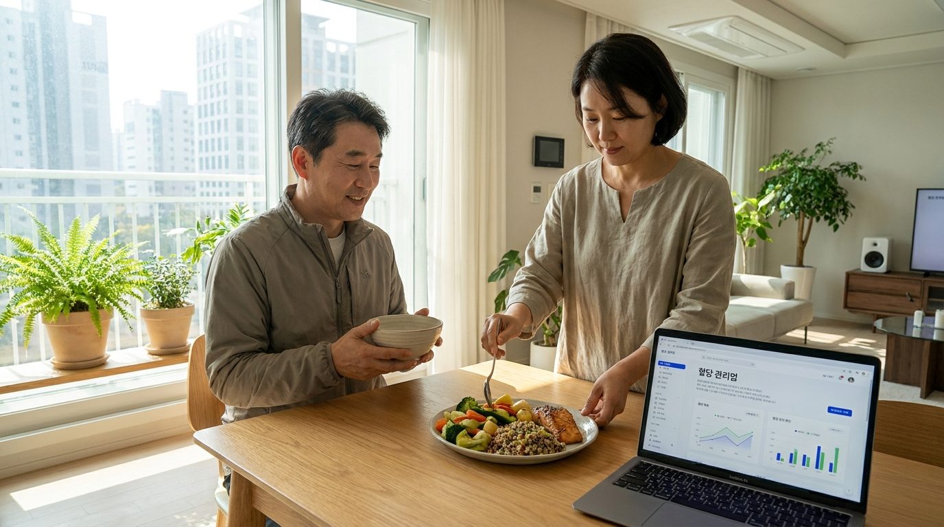당뇨 혈당 관리 생활습관, 건강한 식사로 당뇨병을 관리하는 한국인 부부가 밝고 아늑한 집에서 함께 식사하는 모습