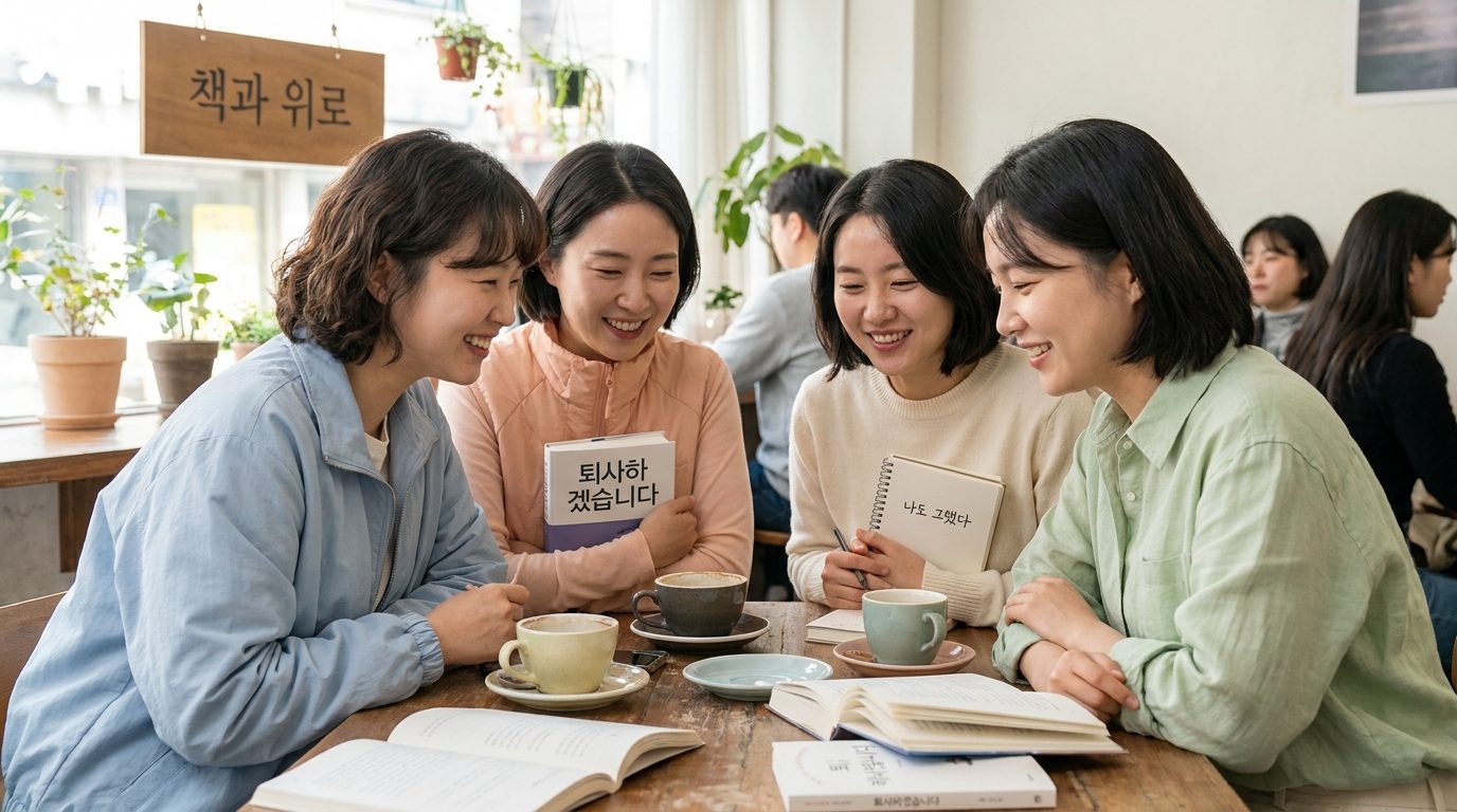 카페에서 부드럽고 따뜻한 대화를 나누는 직장인 여성들의 모습