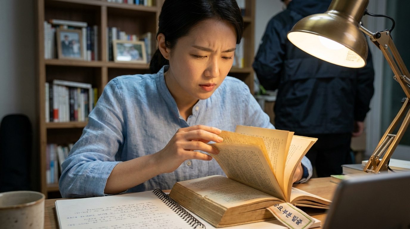 종이책을 집중해서 읽으며 밑줄 친 부분을 확인하는 여성의 클로즈업 장면