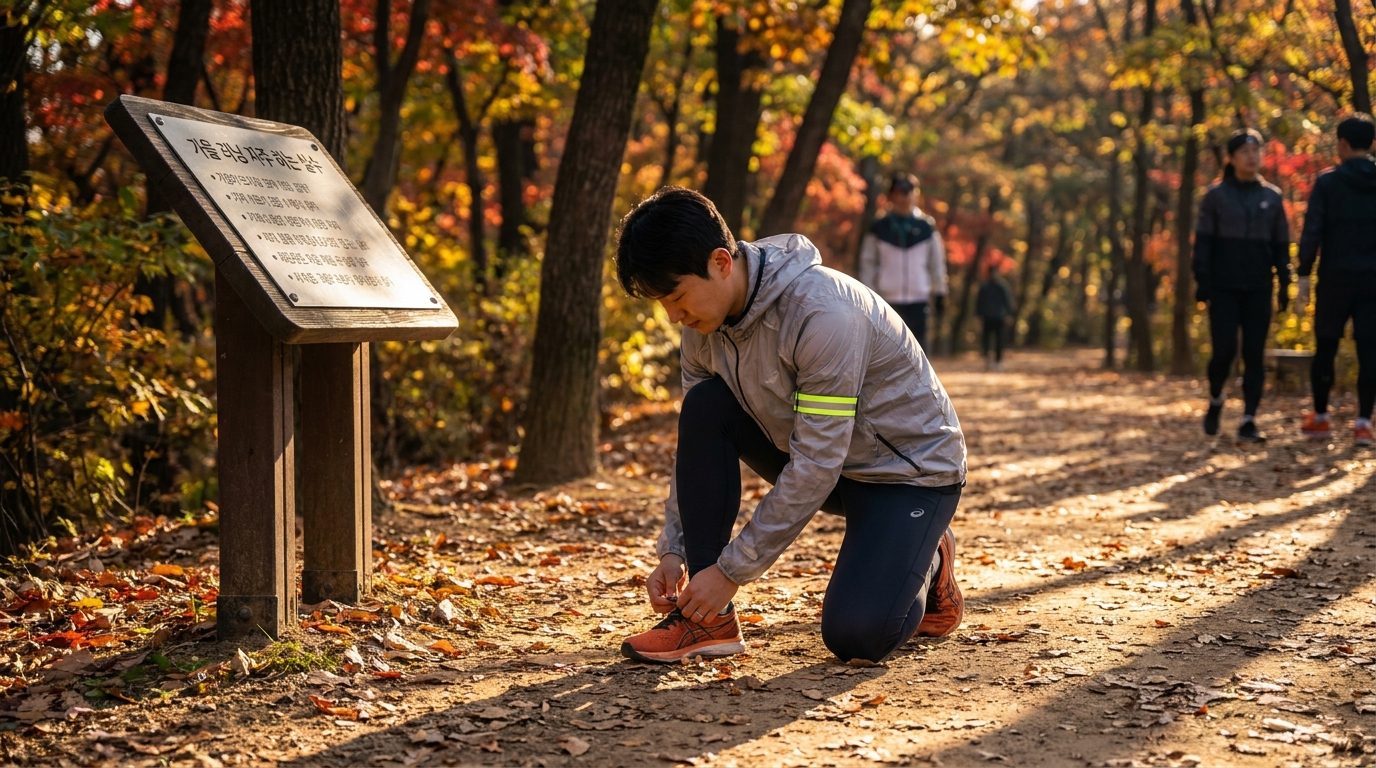 가을 러닝 자주하는 실수와 관련하여 반사 소재 액세서리를 착용한 한국인 러너가 신발끈을 묶는 장면
