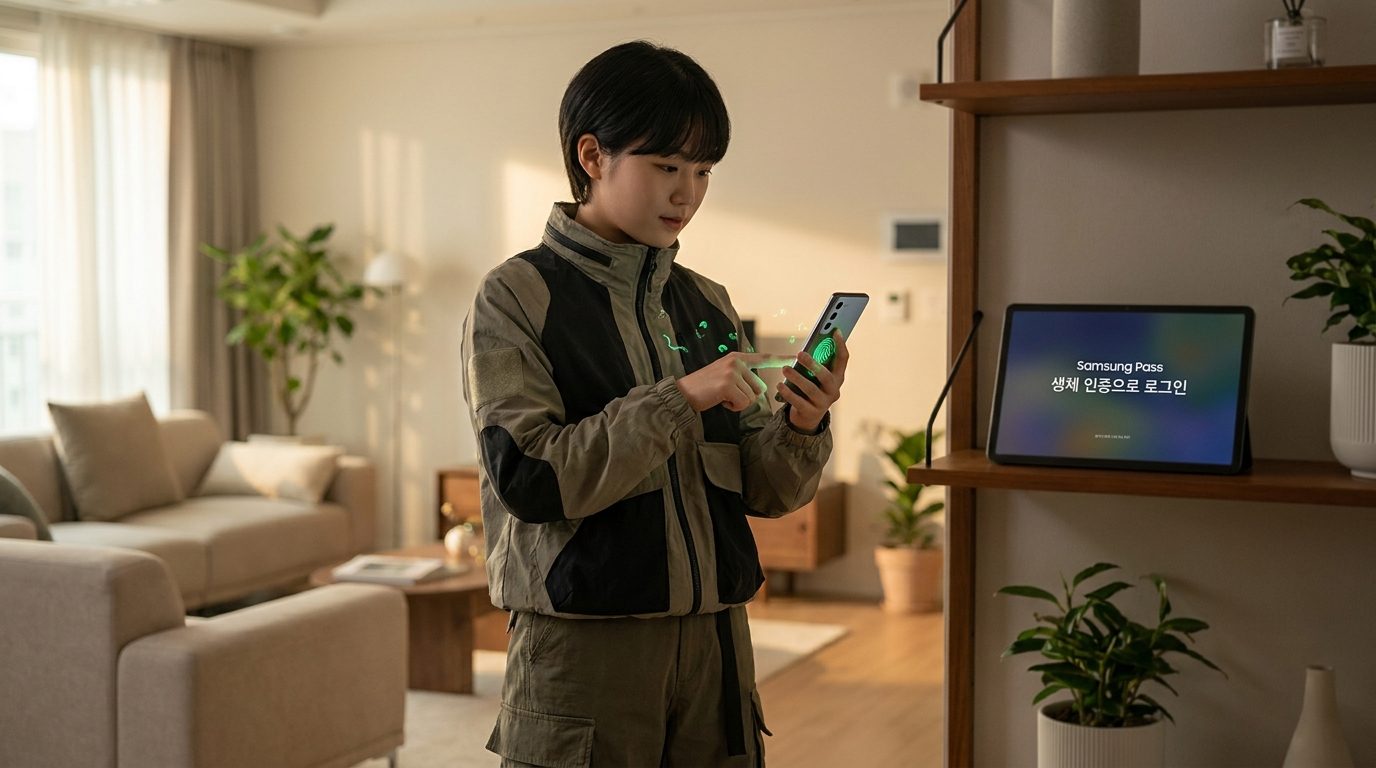 생체 인증으로 로그인을 하는 한국인 모습과 삼성패스 화면