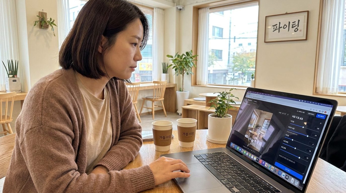 따뜻한 카페에서 노트북으로 AI 프롬프트 비중 조절을 실습하는 한국 콘텐츠 제작자 모습
