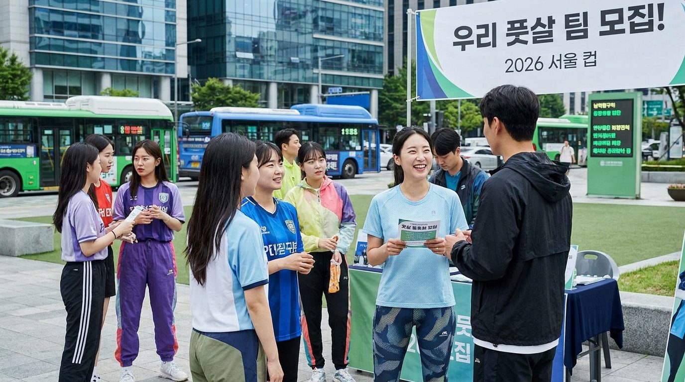 풋살 동호회 모집 행사에서 다양한 젊은 한국 여성과 남성이 활기차게 소통하는 모습