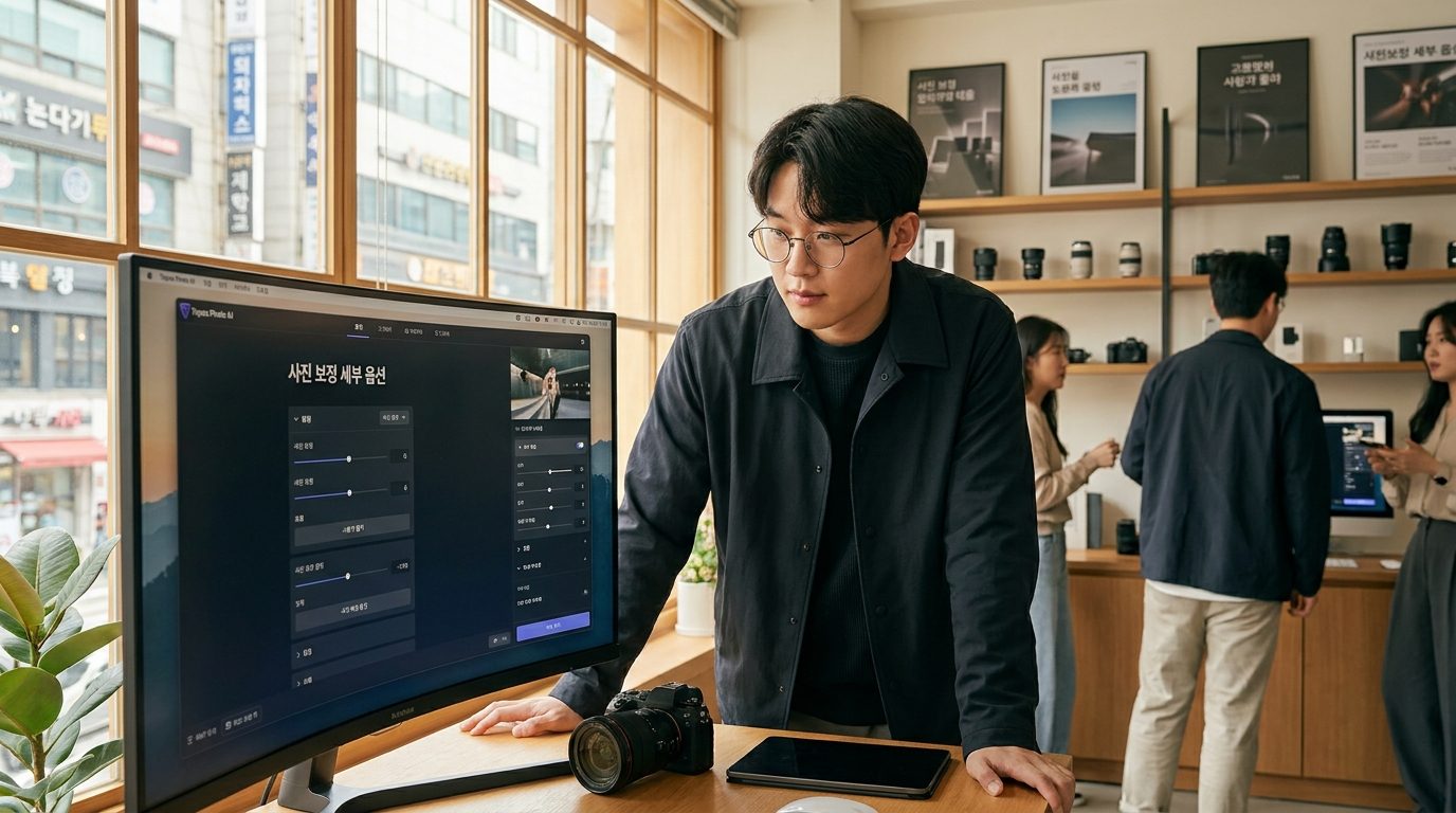 업스케일링 툴 비교: 토파즈 데스크톱 소프트웨어를 사용하는 한국 전문가와 세부 옵션이 보이는 컴퓨터 화면