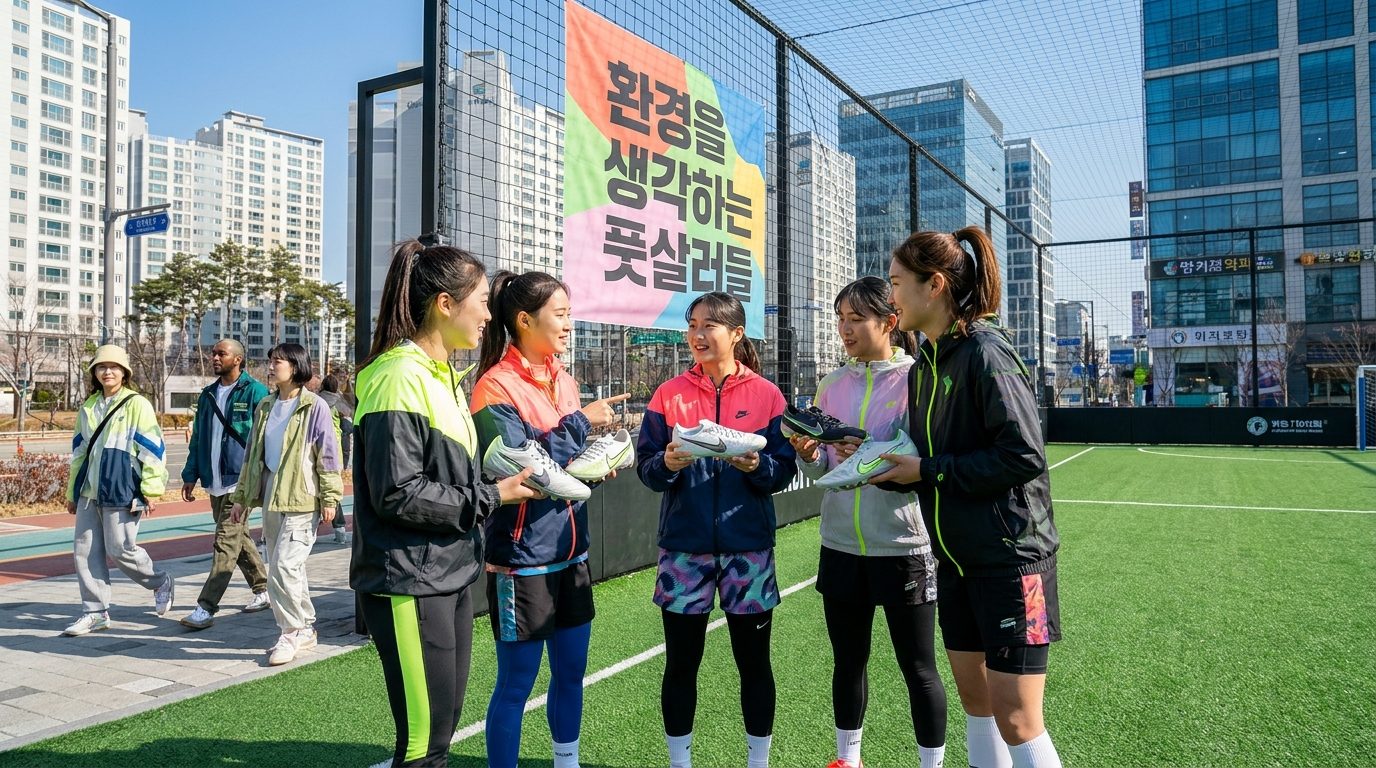 비건 축구화의 환경적 이점에 대해 토론하는 한국 여성 풋살 선수들