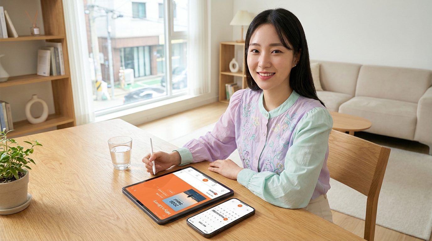 여성이 밝고 깔끔한 방에서 밀리의 서재 앱으로 독서모임 도서와 일정을 확인하는 모습