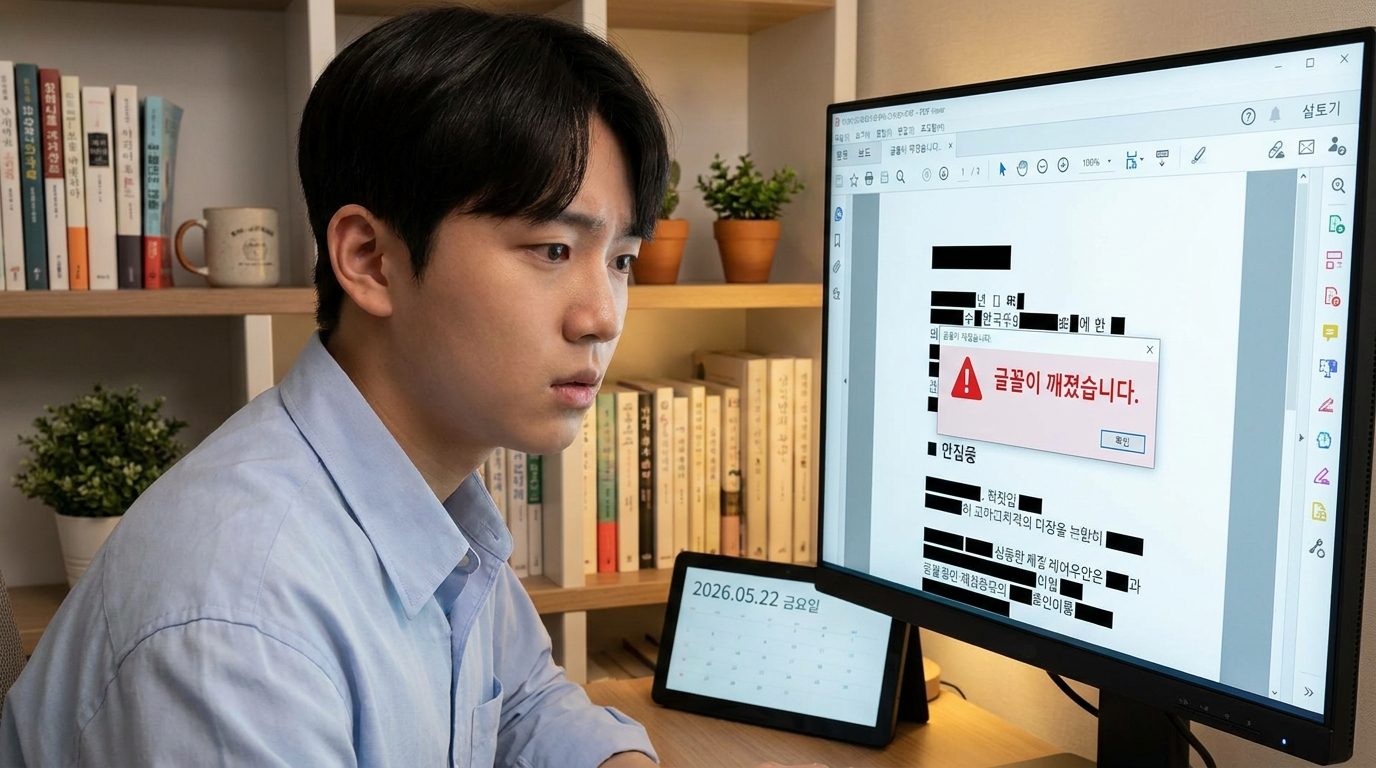 HWP PDF 변환: PDF에서 글꼴 깨짐 현상이 나타나는 컴퓨터 화면과 걱정스러운 한국인 청년
