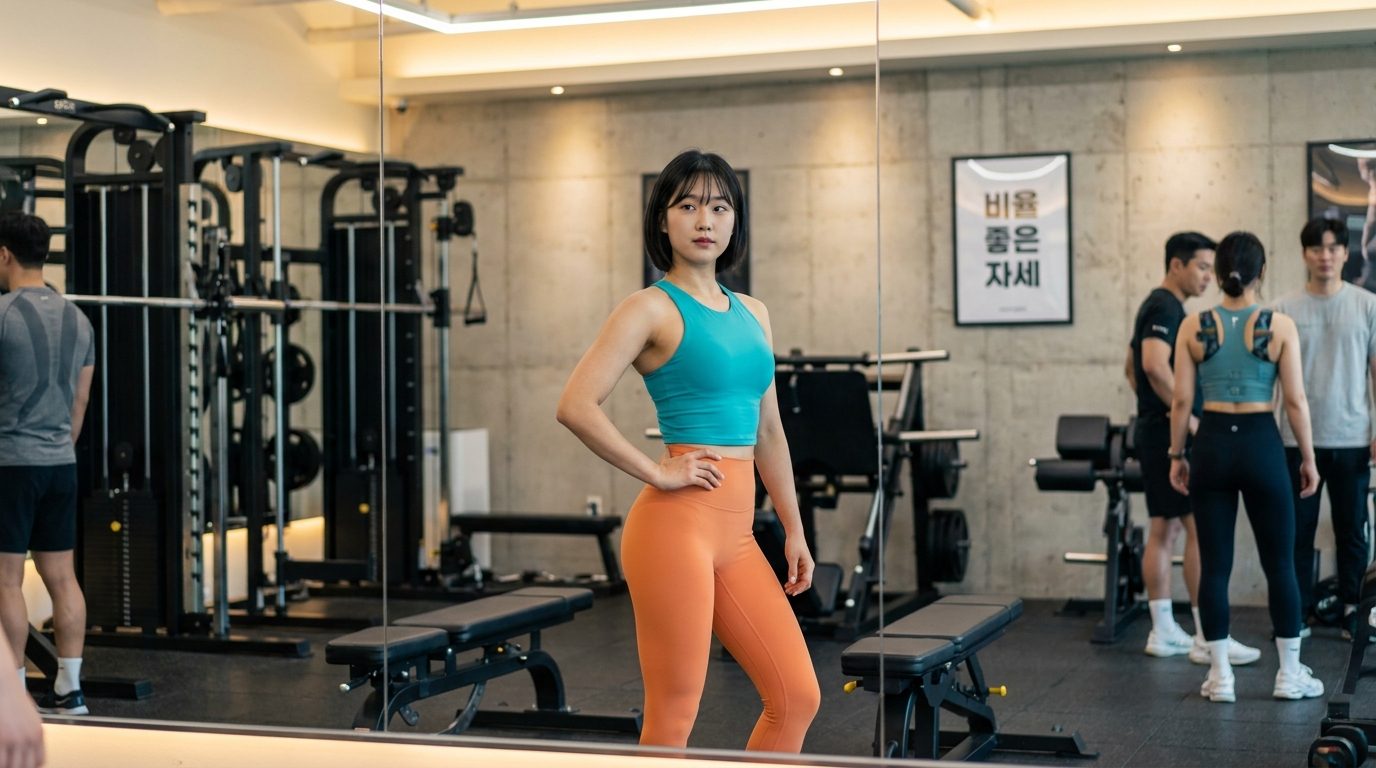 헬스장에서 45도 각도로 서서 비율 좋은 자세를 취하는 한국인 운동인 모습