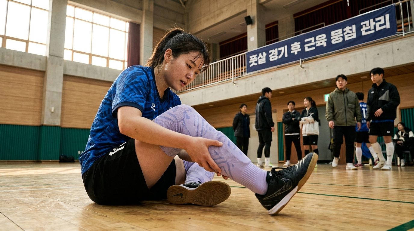 풋살 종아리 알: 풋살 경기를 마친 여성 선수의 피로한 종아리 근육을 클로즈업한 이미지