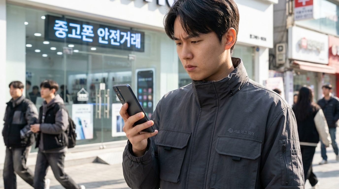 중고폰 도난폰 조회: 중고폰을 신중하게 살피는 현대적이고 세련된 20대 한국인이 밝고 현대적인 전자제품 매장 앞에서 휴대폰을 점검하는 모습