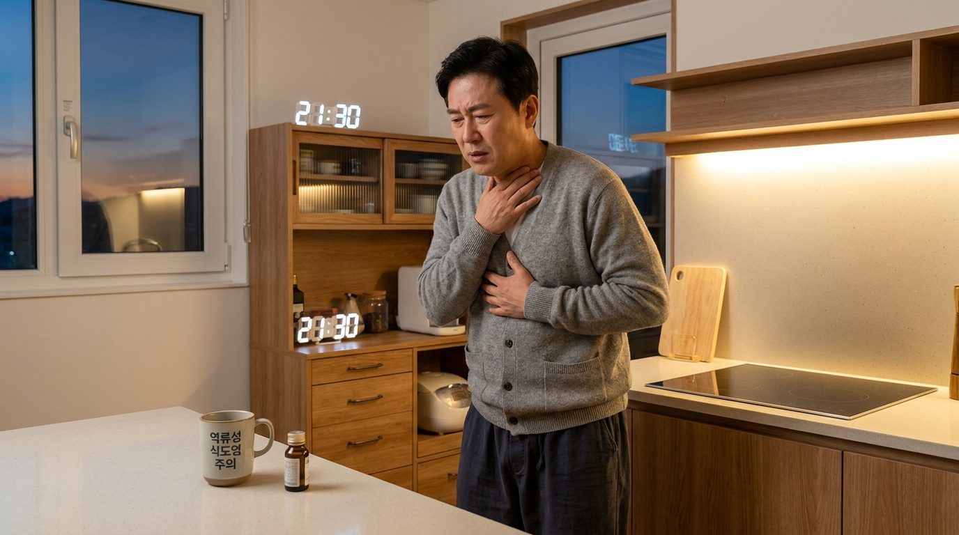 역류성 식도염으로 인한 기침으로 고통받는 중년 한국 남성